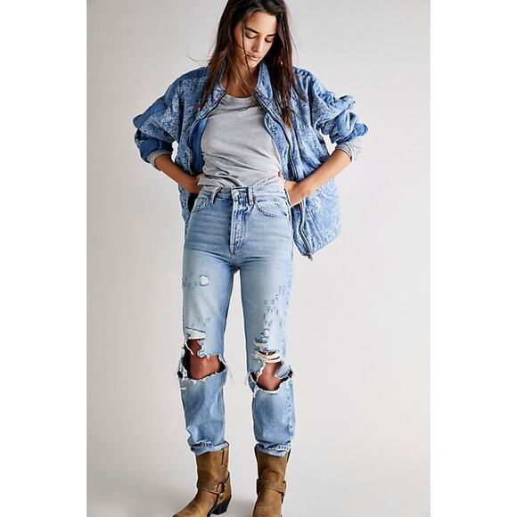 FREE PEOPLE Dolman Lotus Jacket Denim Chambray Quilted Bomber Jacket - Picture 4 of 10